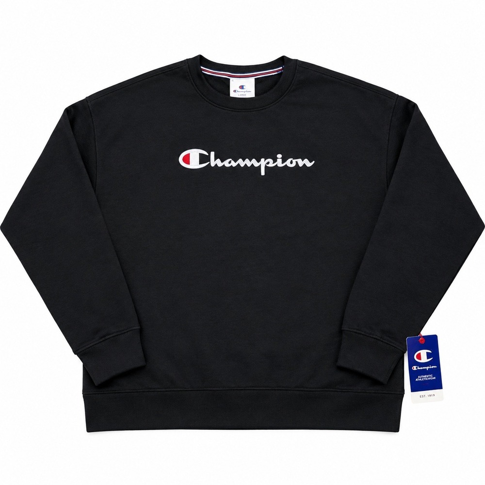 Champion Powerblend Womens Sweatshirt M Black Iridescent Script Logo Crewneck